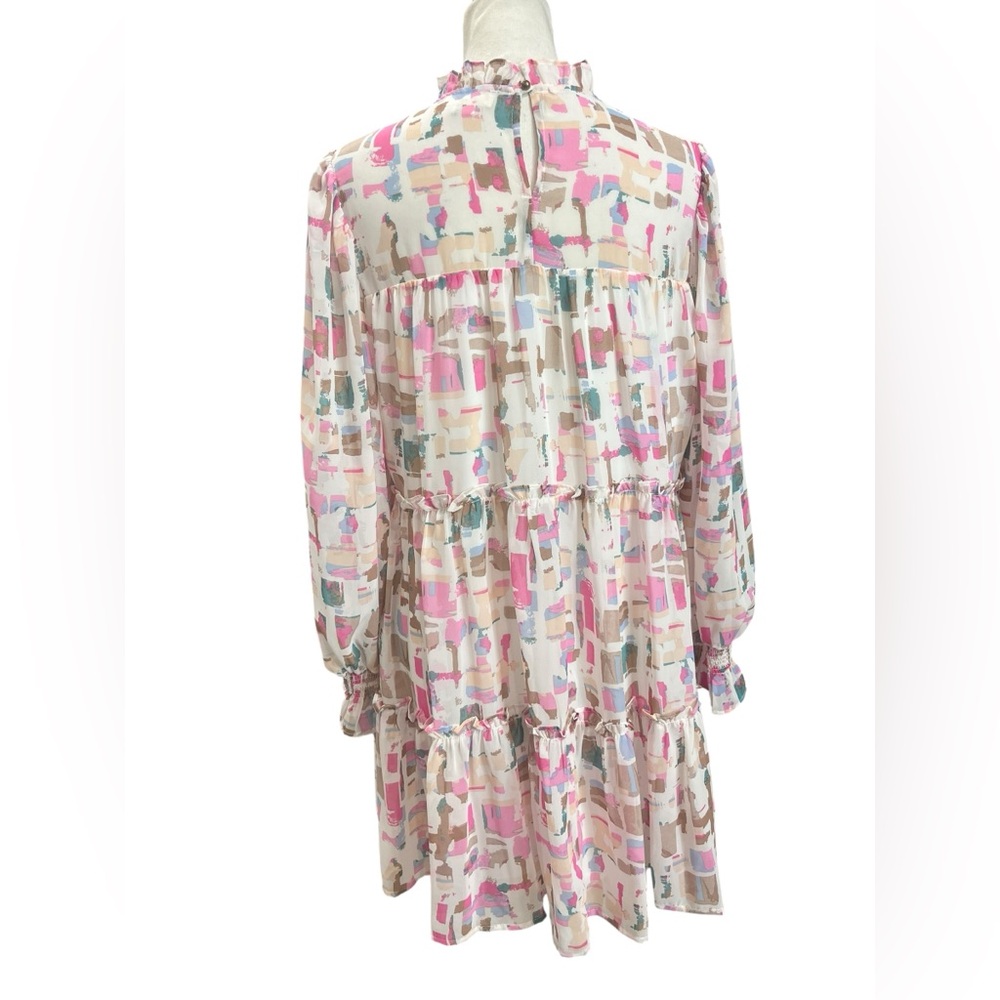 Entro Pink Abstract Print Smocked Tiered Ruffle Long Sleeve Mini Dress Medium - Picture 4 of 11